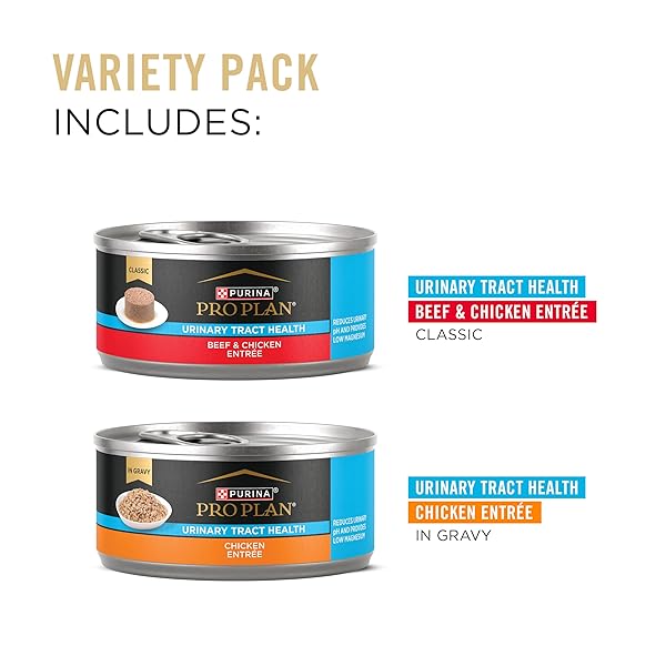 PURINA PRO PLAN URINARY TRACT WET CAT FOOD VARIETY PACK URINARY TRACT HEALTH BEEF AND CHICKEN ENTREES – (PACK OF 12) 5.5 OZ. CANS