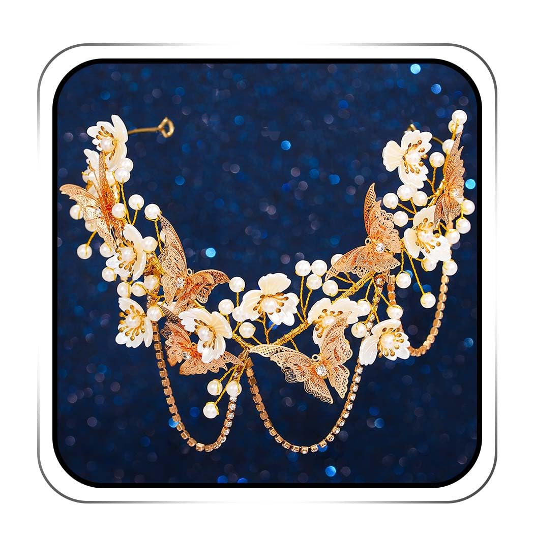 IYOU Gold Flower Crown Butterfly Fairy Headpiece Wedding Elf Hair Accessories for Adult