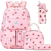ACESAK Backpack for Girls with Insulated Water Bottle (Pink Strawberry) | 4PCS Strawberry Backpack Girls Backpack Bookbag with Lunch Bag, Pencil Case &amp; 14oz Kids Water Bottle with Straw Set