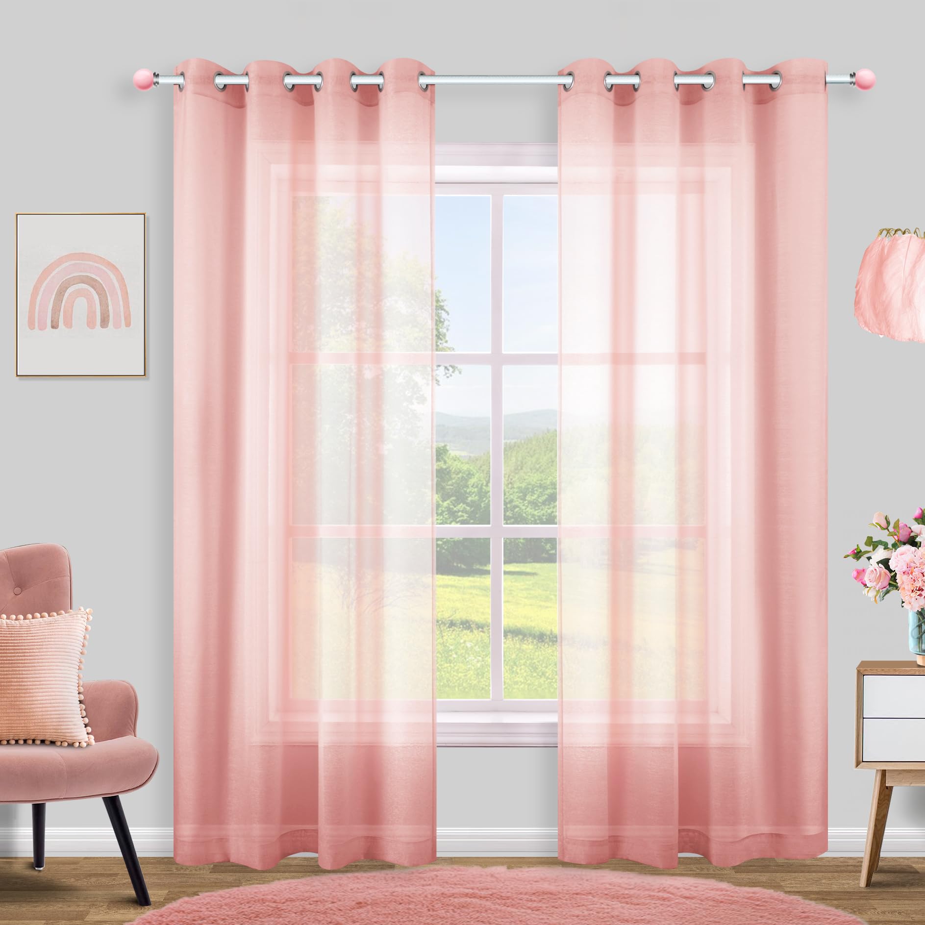 KOUFALL Blush Curtains 2 Panels,Dusty Pink Sheer Grommet Pastel Curtains for Teen Girls Bedroom Toddler,96 Inches Long 2 Panels Set