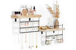 Lolalet Hanging Jewelry Organizer Wall Mount with Earrings, Bracelets, Necklaces Hooks - Easy Install Free Combination Jewelry Holder for Wall Bathroom - Set of 2, Black