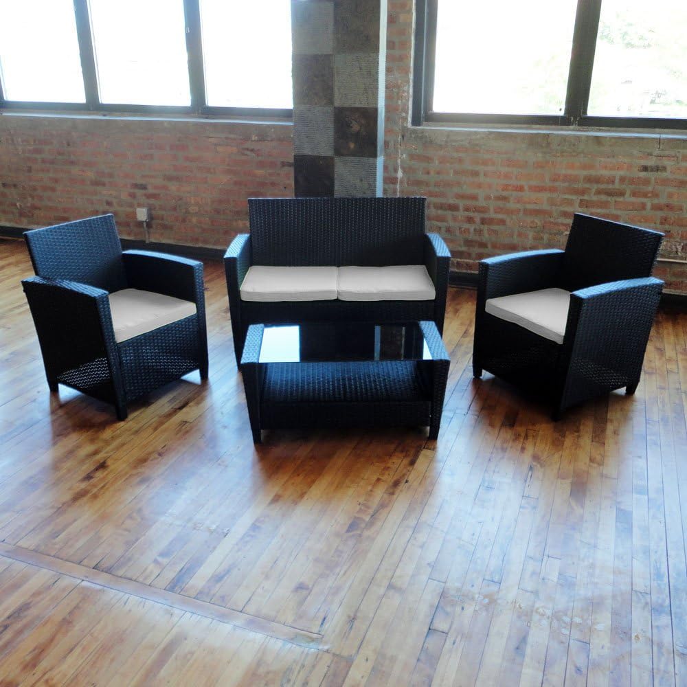 Pelican Outdoor Wicker Patio Furniture 4 pc Sofa Set in Brown Wicker with Ivory Cushions