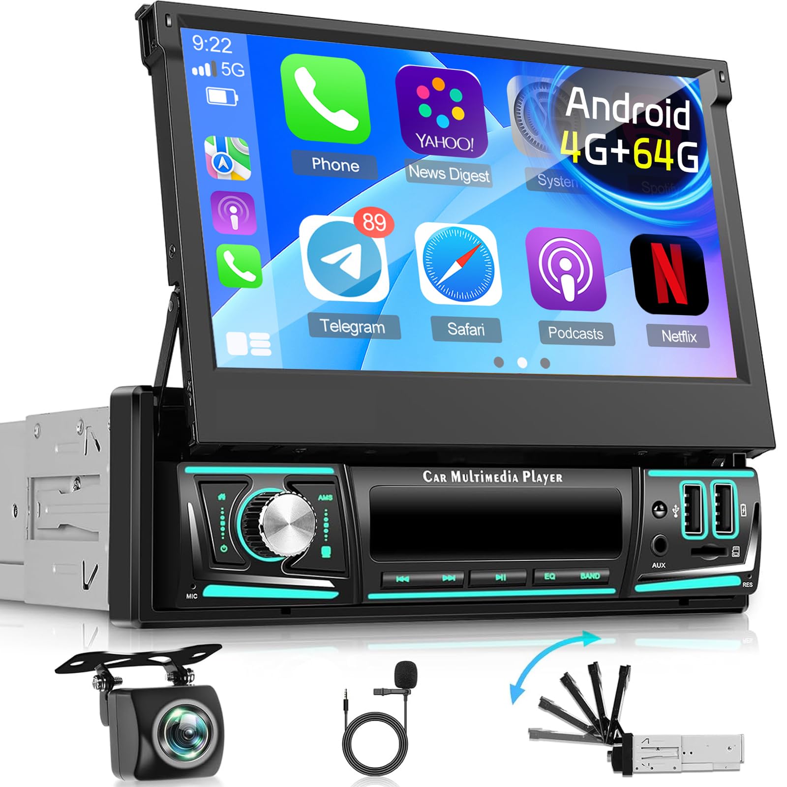 Photo 1 of [4+64G] NHOPEEW Single Din Car Radio with Wireless Carplay and Android Auto - 7 Inch Flip Out Touchscreen Android Car Stereo - EQ Audio/GPS/WiFi/Mirror Link/SWC/Bluetooth + AHD Backup Camera