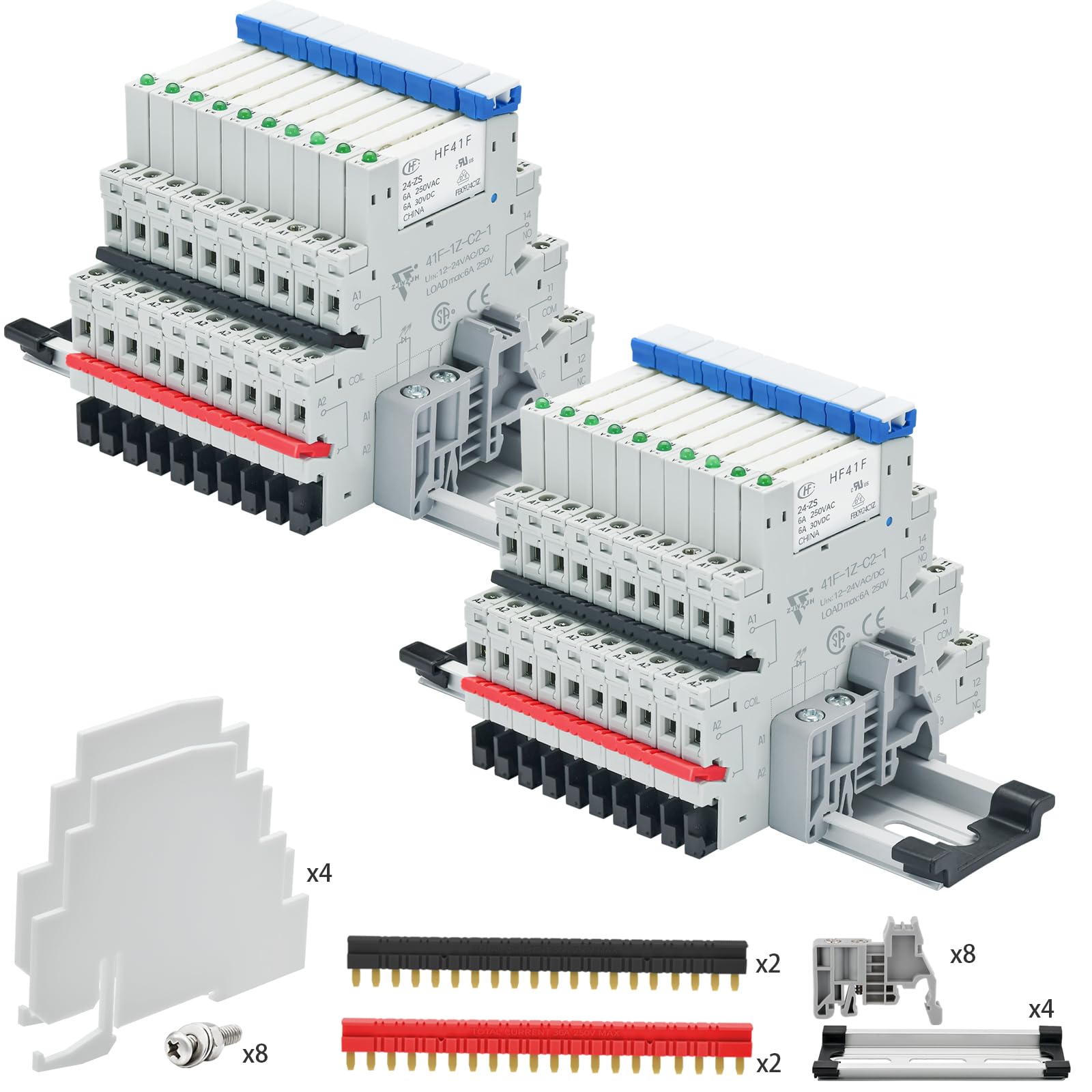 Photo 1 of 20Pcs Miniature Power Relay DC24V HF41F/24-ZS 1NO 1NC 6A SPDT with LED Indicator with Socket Base 41F-1Z-C2 with DIN Rail UL Certification