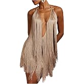 SHENHE Women's Tassel Fringe Flapper Dress Halter Deep V Neck Mini Dress | Backless, Sexy Bodycon Mini Dress for Party/ Birthday/ Cocktail, 1920s Gatsby Dress