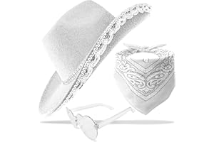 JICASTO Cowboy Hat Pink Cowgirl Hat with Sequins & Tiara Belt for Women Rodeo Party Hats with Heart Glasses