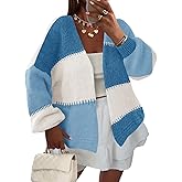 Yousify Womens Cardigan Sweater Color Block Open Front Long Puff Sleeve Casual Chunky Knit Cardigans 2025 Fall Outerwear