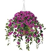 Homsunny Artificial Hanging Flowers Plants Basket for Outdoor Decoration,4 PCS Faux Silk Bougainvillea Vine Flowers Look Real UV Resistant for Outside Porch Patio Yard Garden Decor (Purple)