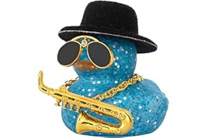 wonuu Car Dashboard Ducks, Saxophone Decor Rubber Duck Car Ornaments with Mini Top Hat Necklace Sunglasses (Light Blue)