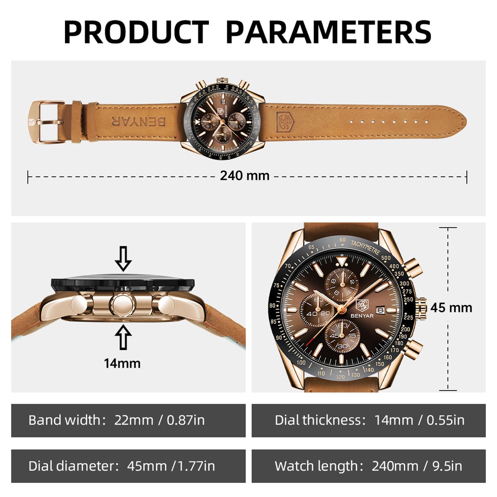 BY BENYAR Men's Chronograph Watch, Analog, Waterproof Up To 98.4 ft (30 m), Business, Simple, Fashionable, Popular, Formal, Leather Strap, Quartz, Gift for Men, Waterproof