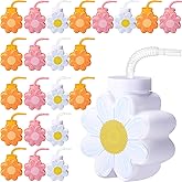 Domensi 24 Pcs Daisy Themed Party Favor Gift Supplies Daisy Flower Cups with Lids and Straws,10 oz Chrysanthemum Flower Plastic Cups for Birthday Party, Wedding Baby Shower Party Decorations Supplies