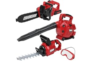 TeganPlay Power Garden Tools Set for Kids Battery Operated Toy Leaf Blower, Hedge Trimmer and Chainsaw Pretend Play for Boys Girls