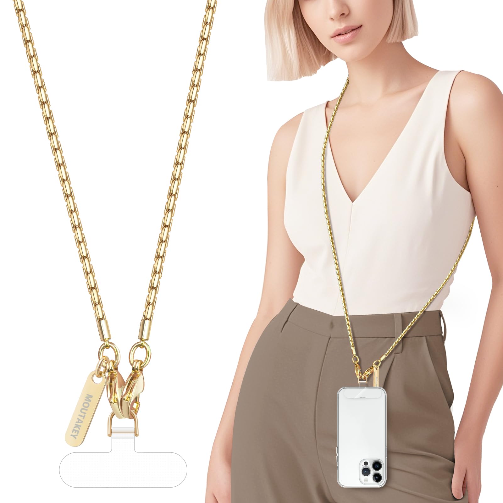 Photo 1 of MOUTAKEY Metal Cell Phone chain Crossbody Phone lanyard with 2 Tether Tabs Detachable iPhone Chain Crossbody Strap,Non-rusting,Solid,iPhone Lanyard for Women Girls Travel Shopping Party Camping