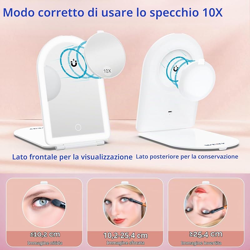 Specchio cosmetico con illuminazione, 10 interruttori touch, pieghevole da viaggio con 3 colori chiari, ad ultrasuoni con luce