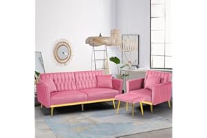 ACMEASE 2 Pieces Velvet Sofa Set with Adjustable Armrest and Backrest, 70” Convertible Futon Sofa Bed & Mordern Accent Chair with Ottoman for Living Room, Bedroom, Pink