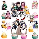 25pcs Demon Cake Decorations with 1pcs Cake Topper, 24pcs Cupcake Toppers for Slayer Birthday Party Supplies
