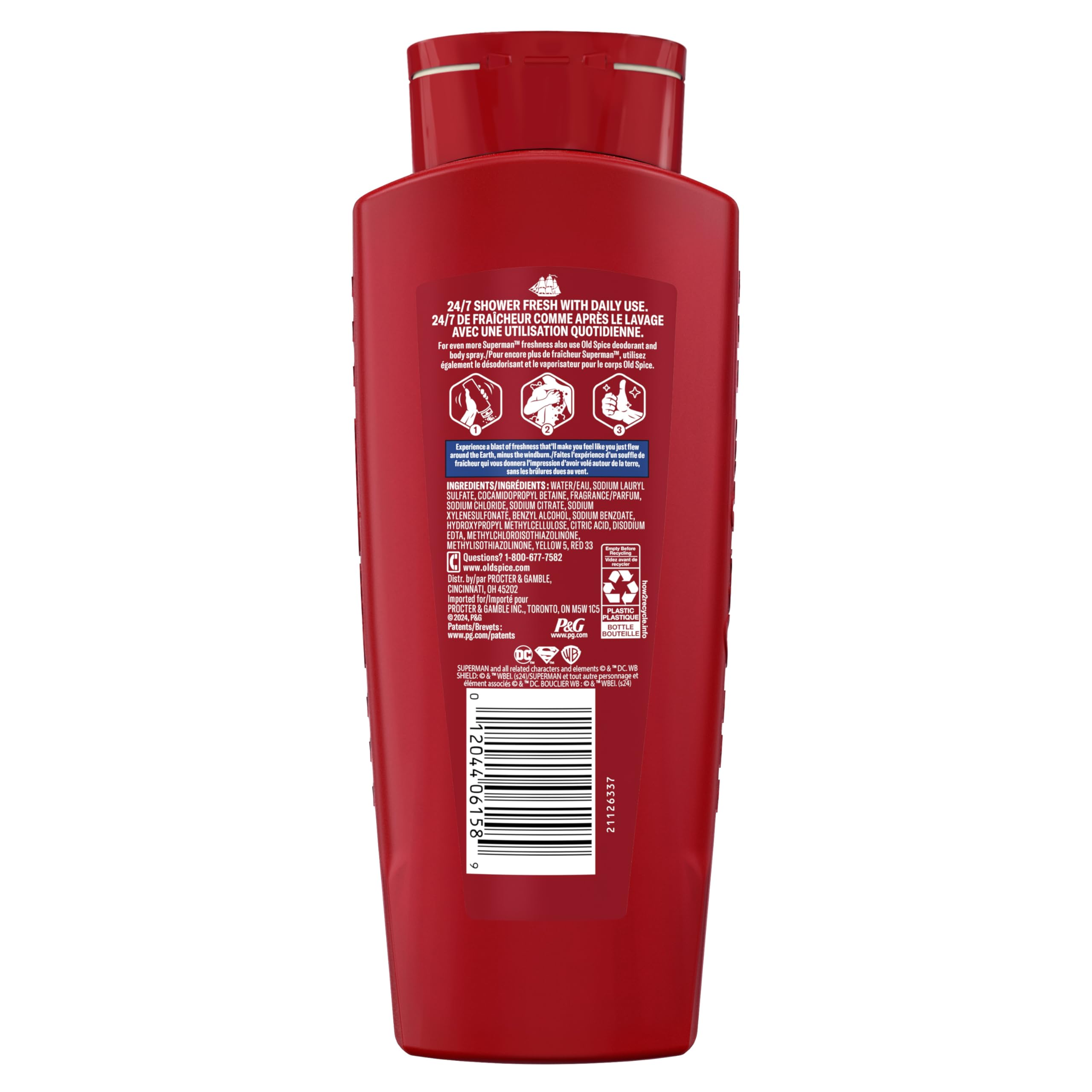 Old Spice Body Wash for Men, Superman: Man of Tomorrow, 3X Defense, 24/7 Shower Fresh with Lasting Scent, Cleansing 2-in-1 Body & Face Wash, Smell Like a Hero, Bright Citrus and Cosmos Scent, 24 oz
