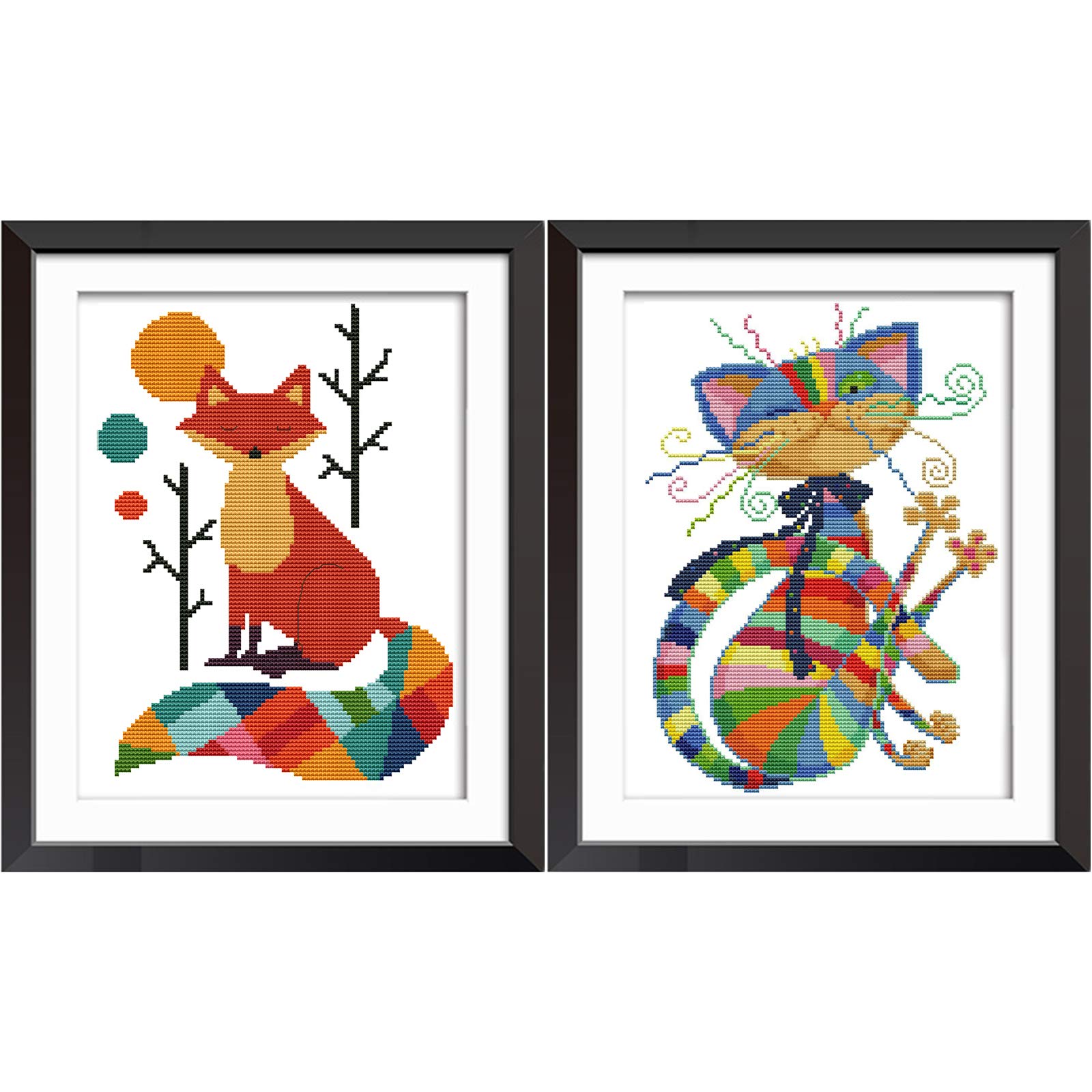 VEGCOO 2 Packs Embroidery Cross Stitch Kits for Adults Beginners, Fox & Cat Pre Printed Embroidery Cross Stitch Kit 11CT Needlework Kit DIY Artwork for Adults Home Decor or Gifts (28 × 38 cm)