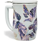 Tea Forte Ceramic Fiore Cup with Handle, Removeable Stainless Steel Infuser Basket and Lid, Steeps 14 oz Loose Leaf Tea, Dishwasher & Microwave Safe, Demoiselle