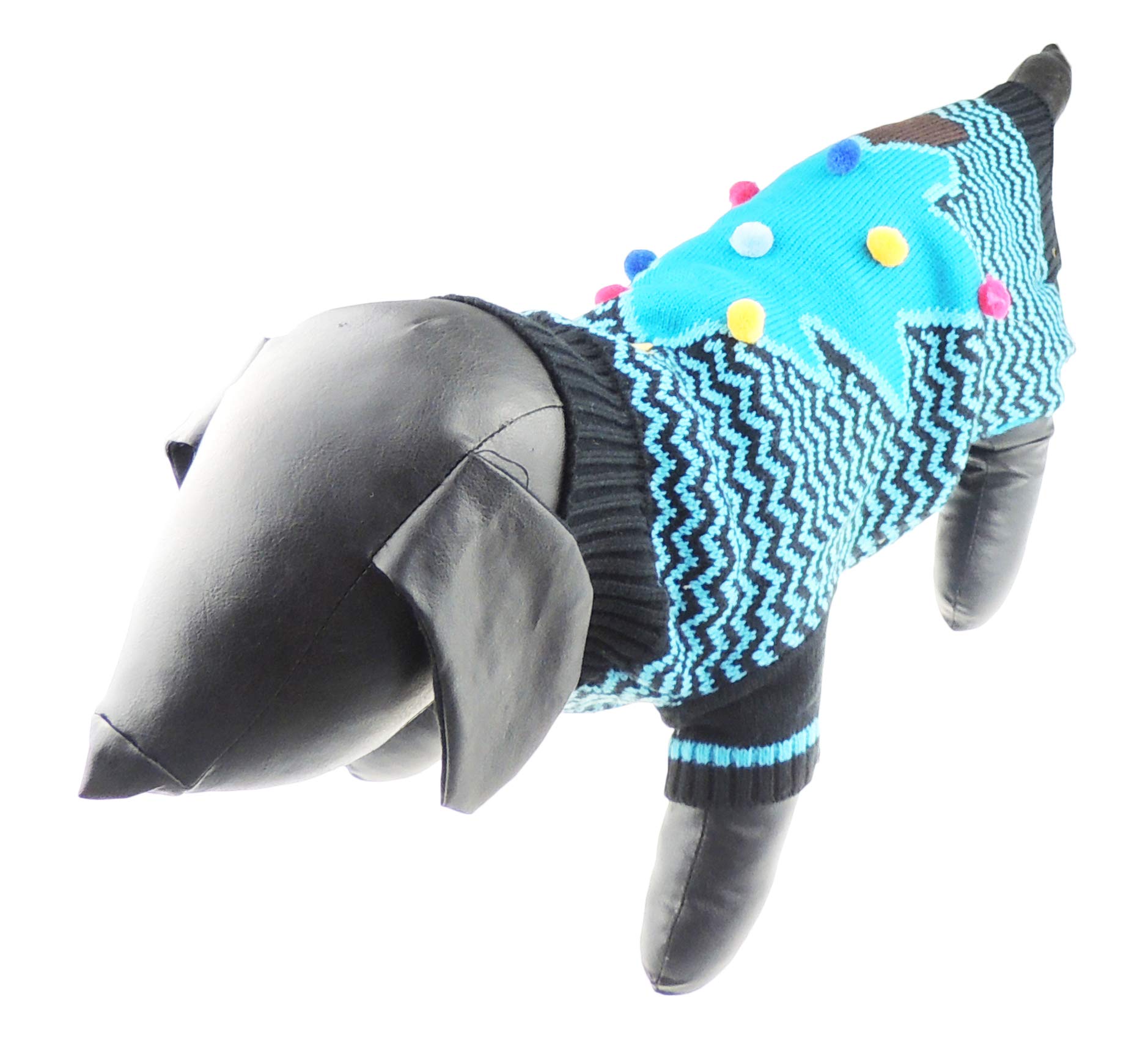 Festive Christmas Cute SMALL DOG ONLY Puppy Kitten Cat Outfit Warm Everyday Winter Girl Boy Jumper Coat Clothes Ideas Pullover Wooly Knitted Sweater Apparel Hoodie Blue Tree Baubles Pom Poms ((Large)