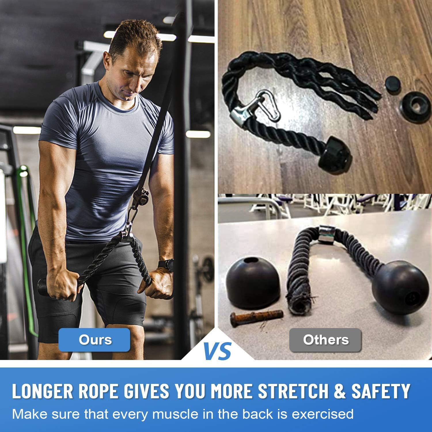 KMM Tricep Rope Cable Machine Attachment, Heavy Duty Triceps Pull Down Rope with Resistance Band Handles, Ankle Strap Carabiner Clips, Nylon Home Gym Accessories for Arm Strength Workout Training : Sports & Outdoors