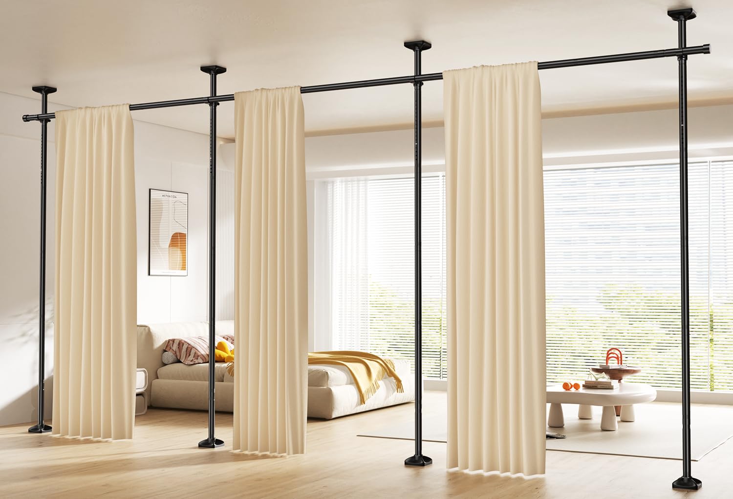 Photo 1 of SUNALLY Room Divider Curtain Rod, No Drilling Wall Divider for Room Separation, 4-10ft(H) 28-171inch(W) Adjustable Heavy Duty Partition Space Separator Freestanding Tension Curtain Stand, Black