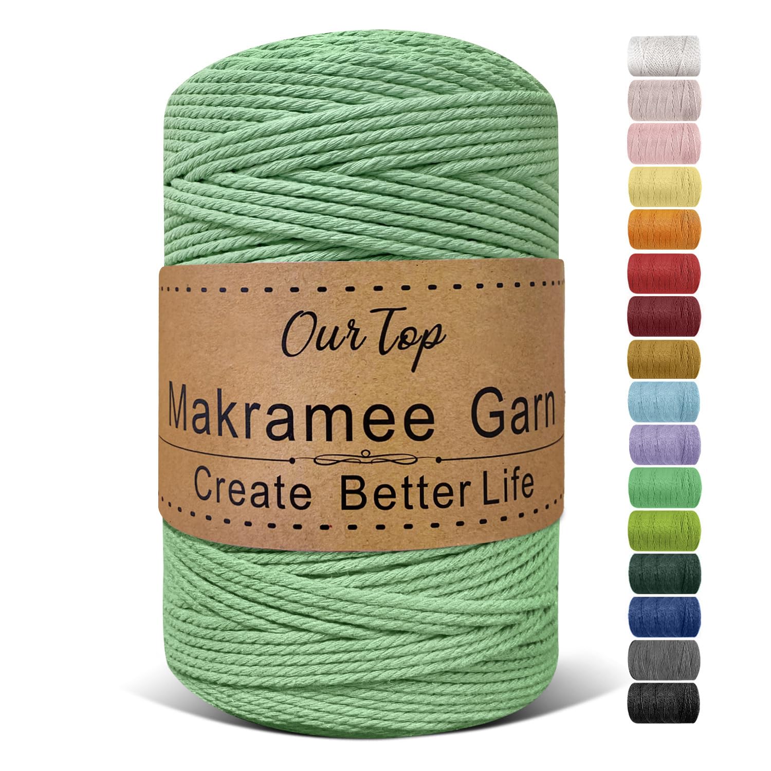 OurTop Premium Macrame Cord, 3mm x 300m Braided Macrame Rope Twisted Cord Yarn Macrame Yarn Thick Rope for Wall Hangings, Plant Hangers, DIY Crafts, Home Decorations, Gift Wrapping(Light Green) — image 1