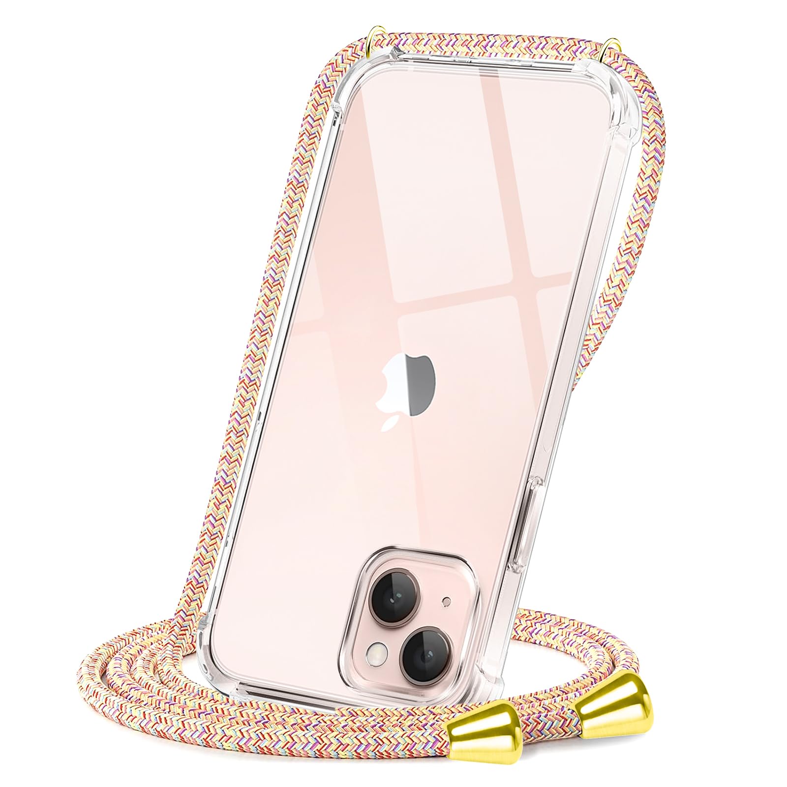 CAROKI Compatible with iPhone 13 Crossbody Phone Case, Lanyard Protective Case with Adjustable Length Lanyard Rope Shockproof Hands-Free Clear Transparent TPU Silicone for iPhone 13-Rainbow