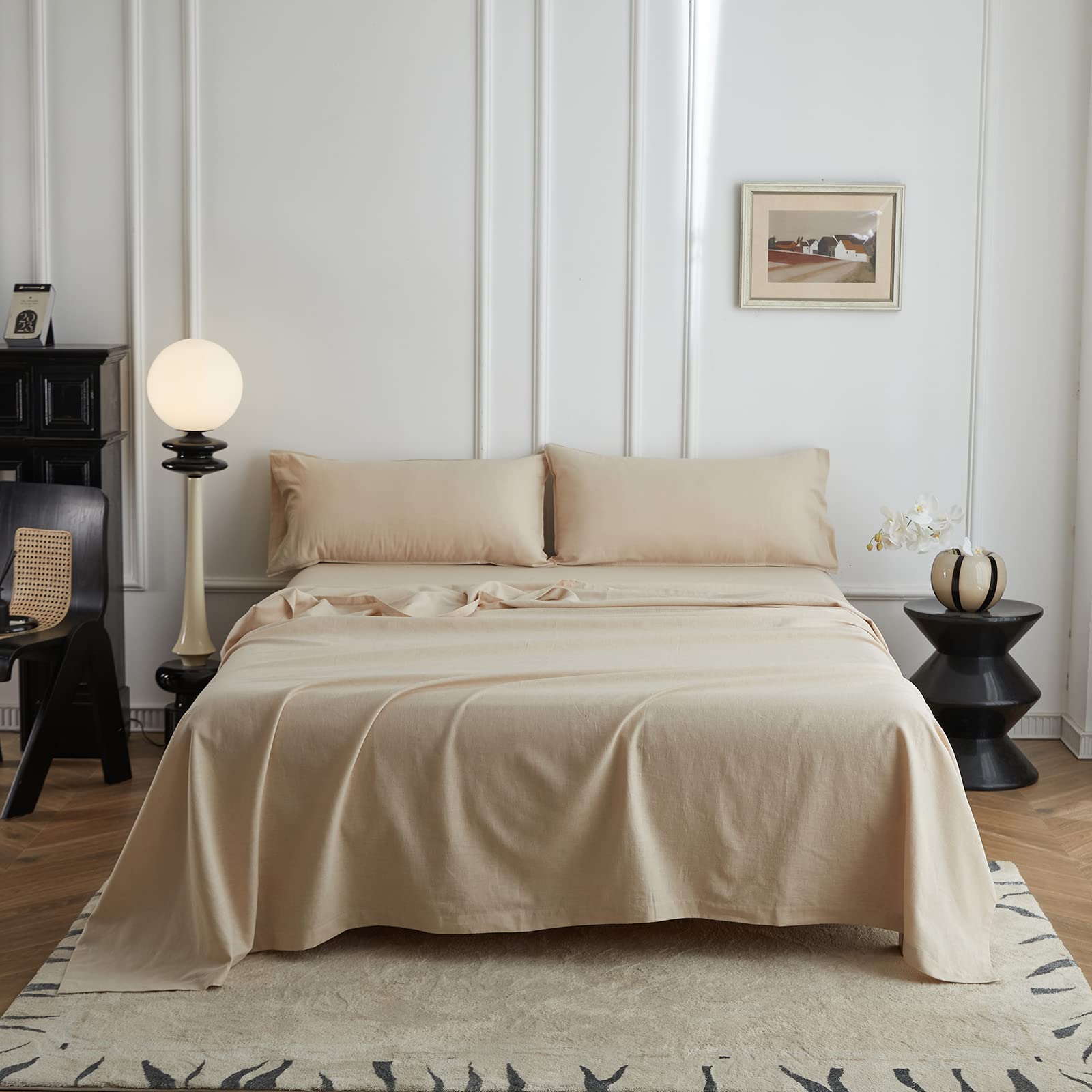 Simple&Opulence Flat Sheet, 55% Linen 45% Cotton Basic Style Super Soft Flat Top Bed Sheet, 228 x 255 cm, Linen/Beige