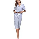 EA'S SECRET 100% Cotton Pajamas for Women Set Short Sleeve Button Down Sleepwear Capri Nightwear Pjs Loungewear