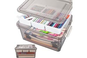 TERGOO 17QT Multipurpose Plastic Storage Organizer Box with Removable Tray, Stackable Craft Organizers and Storage Bins with Lid, Clear Art Storage Container for Organizing Playdoh, Crayon (Grey)