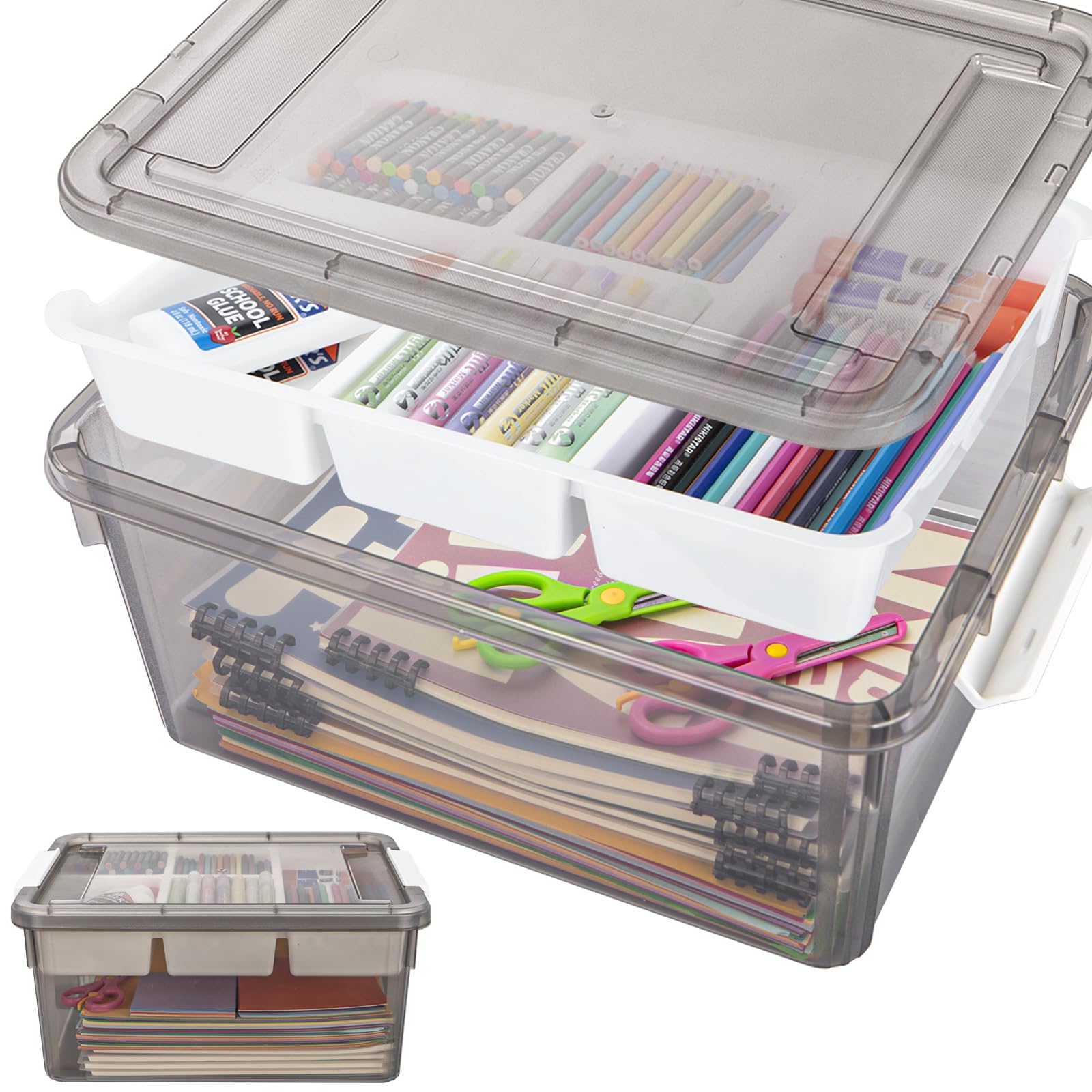 Photo 1 of TERGOO 17QT Multipurpose Plastic Storage Organizer Box with Removable Tray, Stackable Craft Organizers and Storage Bins with Lid, Clear Art Storage Container for Organizing Playdoh, Crayon (Grey)