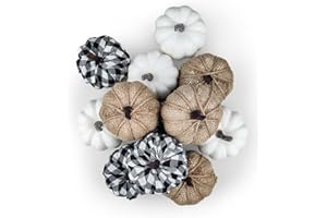 Voph 12pcs Fall Decor Artificial Pumpkins for Decorating, Fake Pumpkin Decor for Fall Harvest Festival Thankgiving Halloween Wedding, Burlap White Beige Pumpkin Decorations for Home Table Party Room