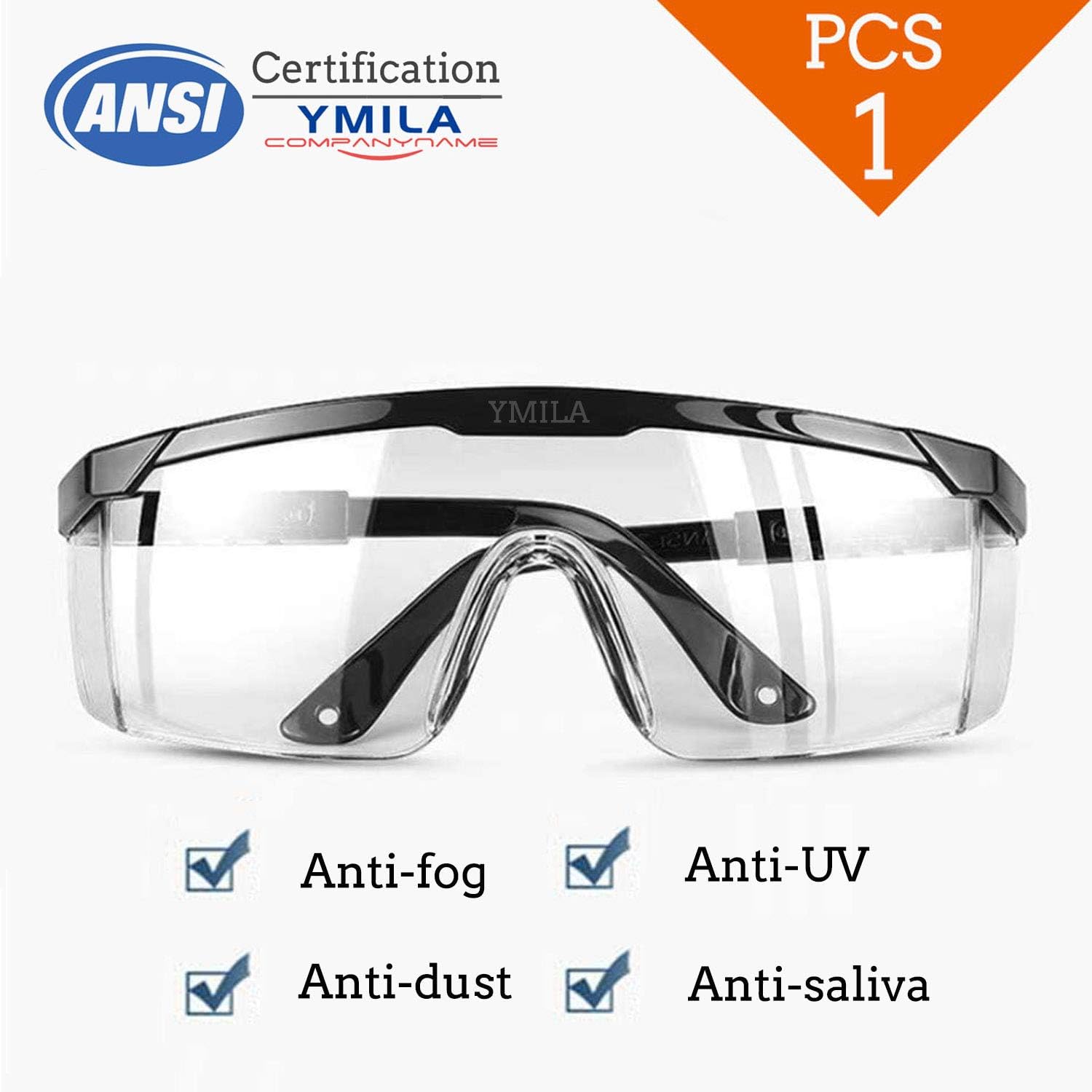 Safety Glasses with Clear Anti Fog Scratch Resistant Wrap-Around Lenses and No-Slip Grips, UV Protection. Adjustable,for sports,Lab, Chemical， labor protection， industrySplash Goggles (1 PACK)