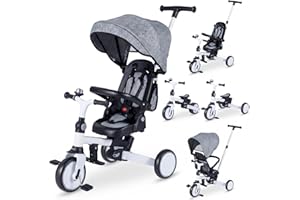 HONEY JOY Tricycle, 9-in-1 Toddler Bike w/Adjustable Push Handle & Canopy, Reversible Seat, Removable Pedal & Folding Rear Wh