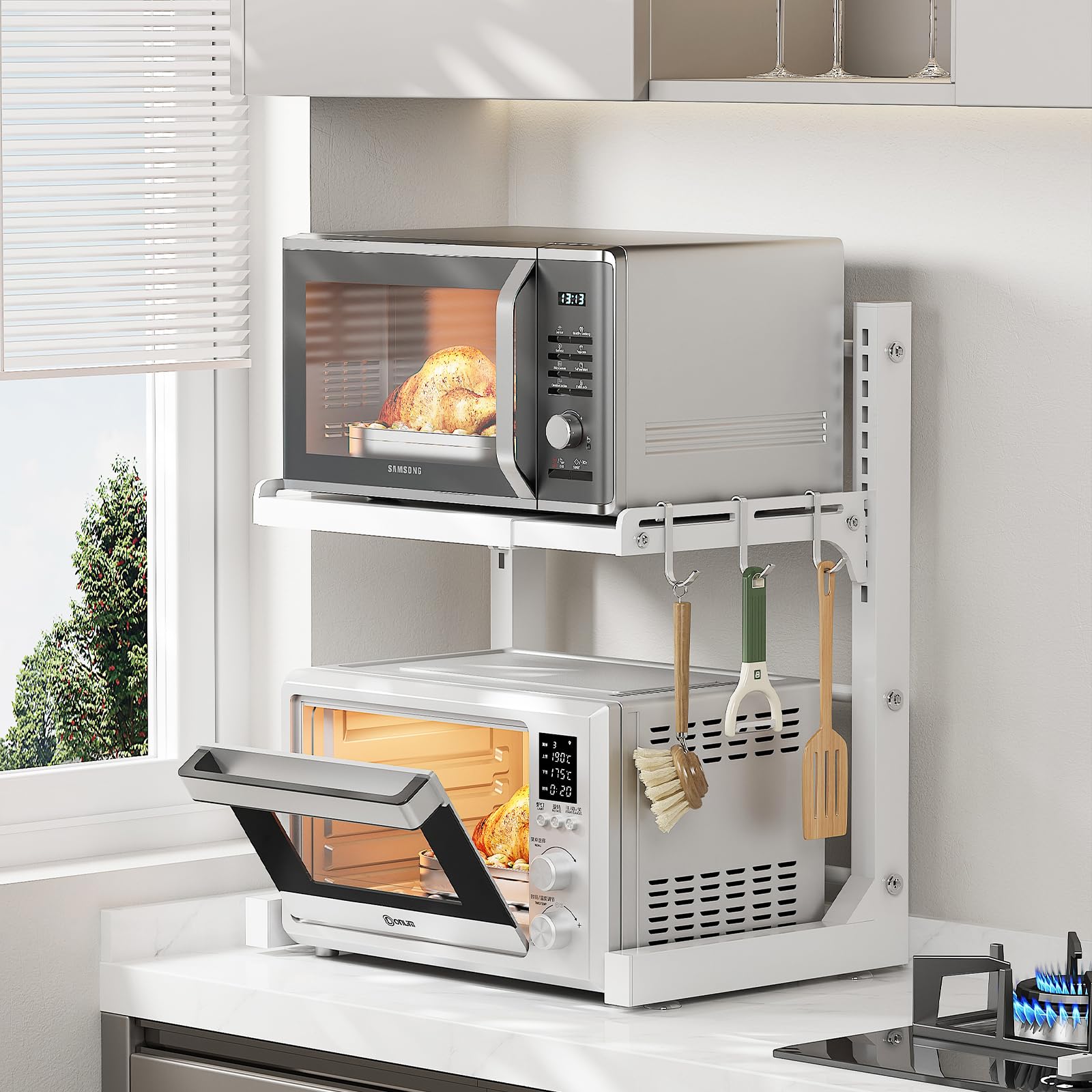 ABCOOL Retractable Adjustable 2 Axial Kitchen Baker Microwave Oven Rack, Expandable and Height Adjustable Carbon Steel Shelf Counter Countertop with 3 Clip Hooks, Electric Oven Holder