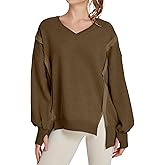 TAKEYAL Women's Oversized Sweatshirts Side Slit Long Sleeve V Neck Sweatshirt Casual Loose Pullover