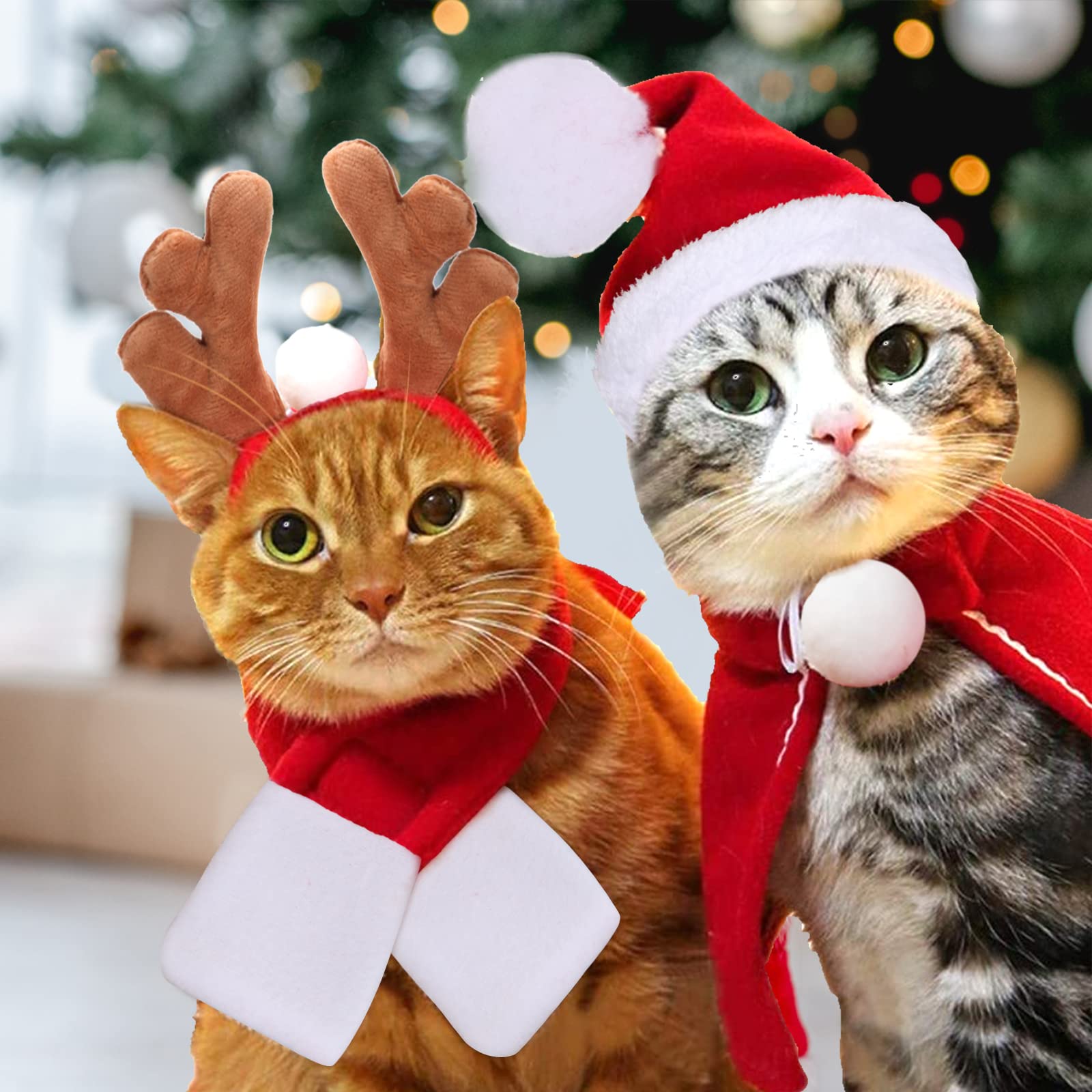 4PCS Cat Christmas Outfit Costume Hat Pet Dog Christmas Costume Cloak Scarf Reindeer Antlers Hat Collar for Puppy Dog Cat Party Cosplay Supplies