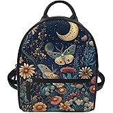 Cozeyat Goth Backpack Purse Moon Mushroom Moth Small Backpack Purse for Women Leather Travel Backpacks Ladies Shoulder Back Pack Fashion Handbag Teen Girls College Bookbag