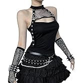 TSMNZMU Women Gothic Crop Tops Mesh Hollow Grunge Punk Tank Tops Emo Alt Harajuku Shirt with Outer Sleeve
