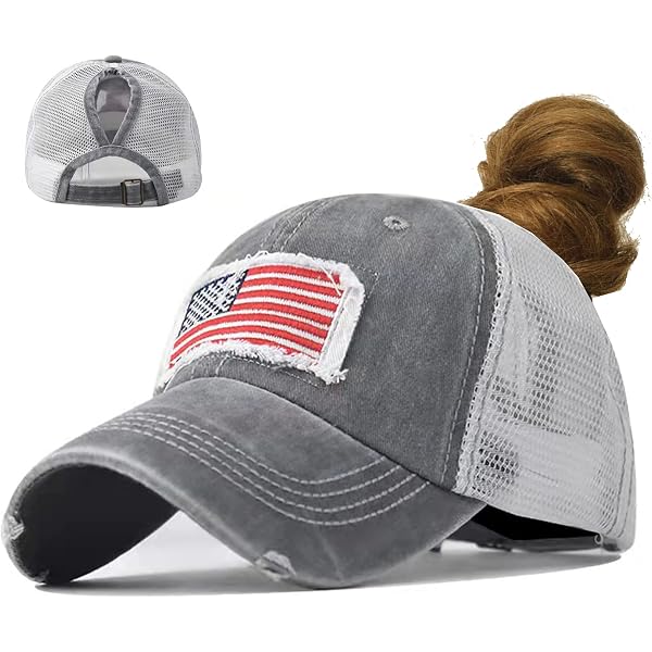 UTOWO Women Baseball-Caps Distressed-American-Flag Ponytail  display picture 3