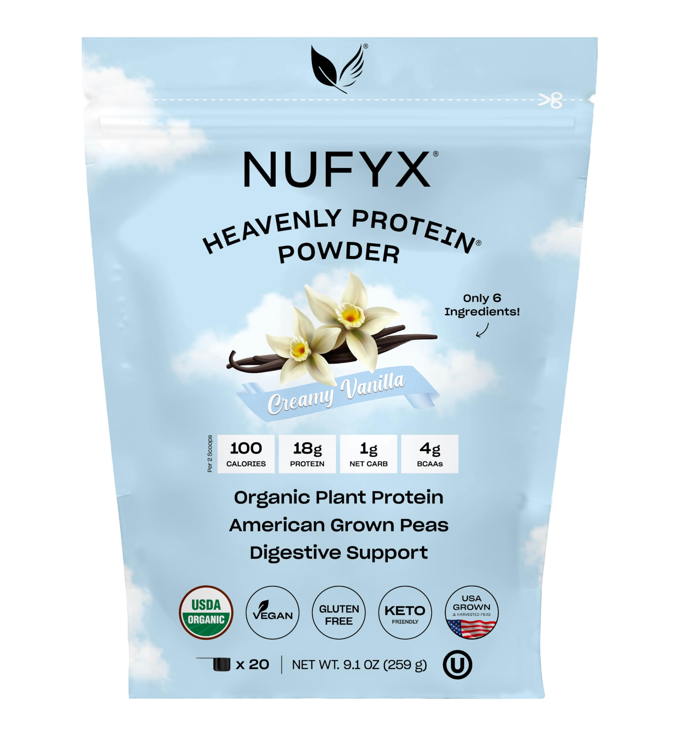 NUFYX® • Heavenly Protein® Powder • World’s Finest 100% Organic American Grown Peas • Vegan • Gluten Free • Low Carb (Creamy Vanilla, 20 Scoops)