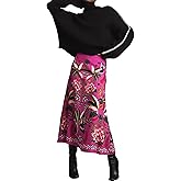 Anzber Women's Satin Mid Length Skirt with Tropical Plant Print Retro Half Length Skirt (Rose Red, XL)