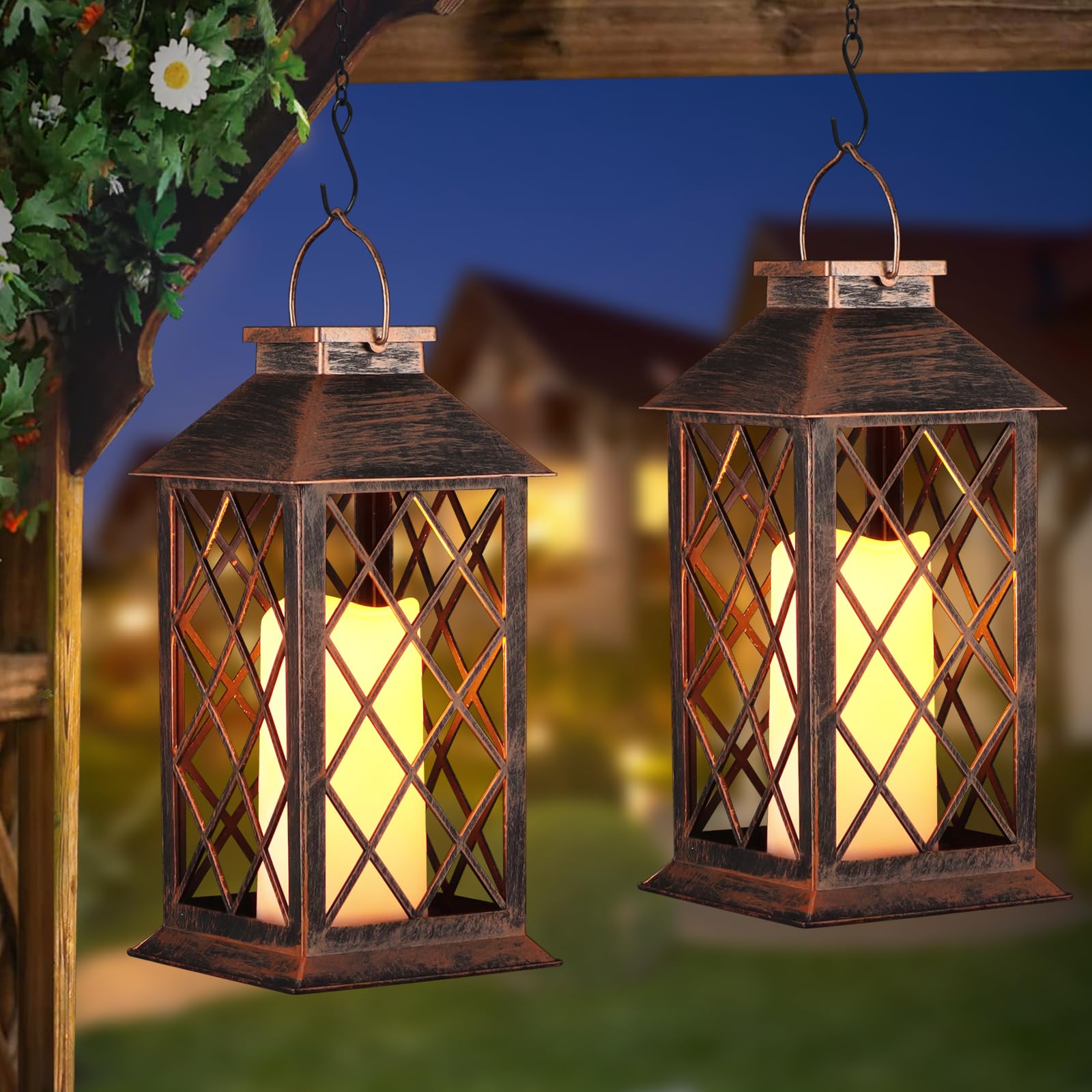 Photo 1 of 2 Pack Solar Lantern Outdoor Waterproof Garden Decor Hanging Lanterns Birthday Gifts for Women Mom 11" LED Flickering Flameless Candle Christmas Table Lights for Yard, Patio, Porch, Backyard