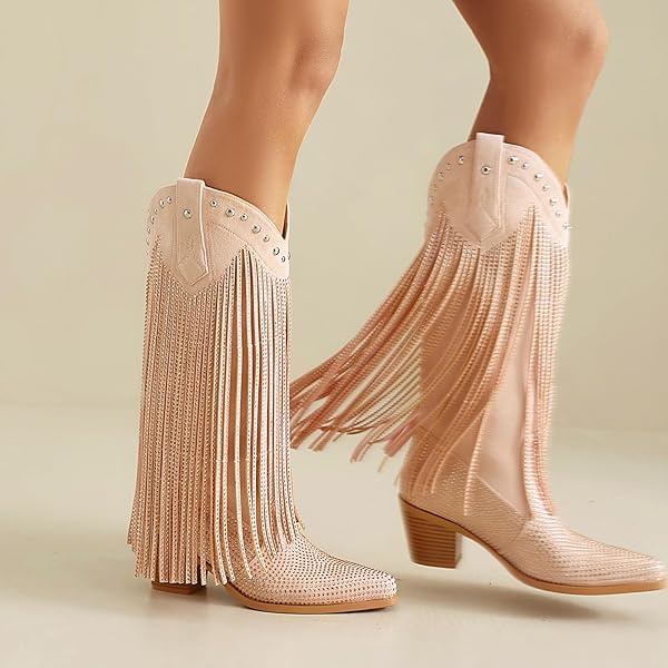 AIJIVOU WOMEN’S RHINESTONE FRINGE COWGIRL BOOTS, SPARKLY WESTERN COWBOY BOOTS POINTED TOE KNEE BLOCK CHUNKY MIDDLE HEEL PULL ON MID CALF BOOTS FOR WOMEN GIRL PARTY (PINK, 9 M US)
