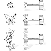 S925 Sterling Silver Flat Back Earrings for Women Hypoallergenic - 14K Gold Plated Flatback Stud Earrings Cartilage Helix Tragus Conch Piercing Jewelry 3 Pairs Dainty CZ Butterfly Studs