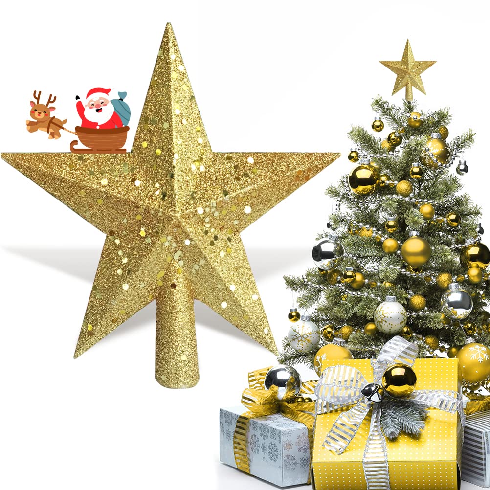 Christmas Tree Topper Star, AOBETAK Glitter Xmas Trees Top Decoration, Plastic Light Weight Hallow Party Trees Stars Home Christmas Ornament 20cm/7.8in (Gold)