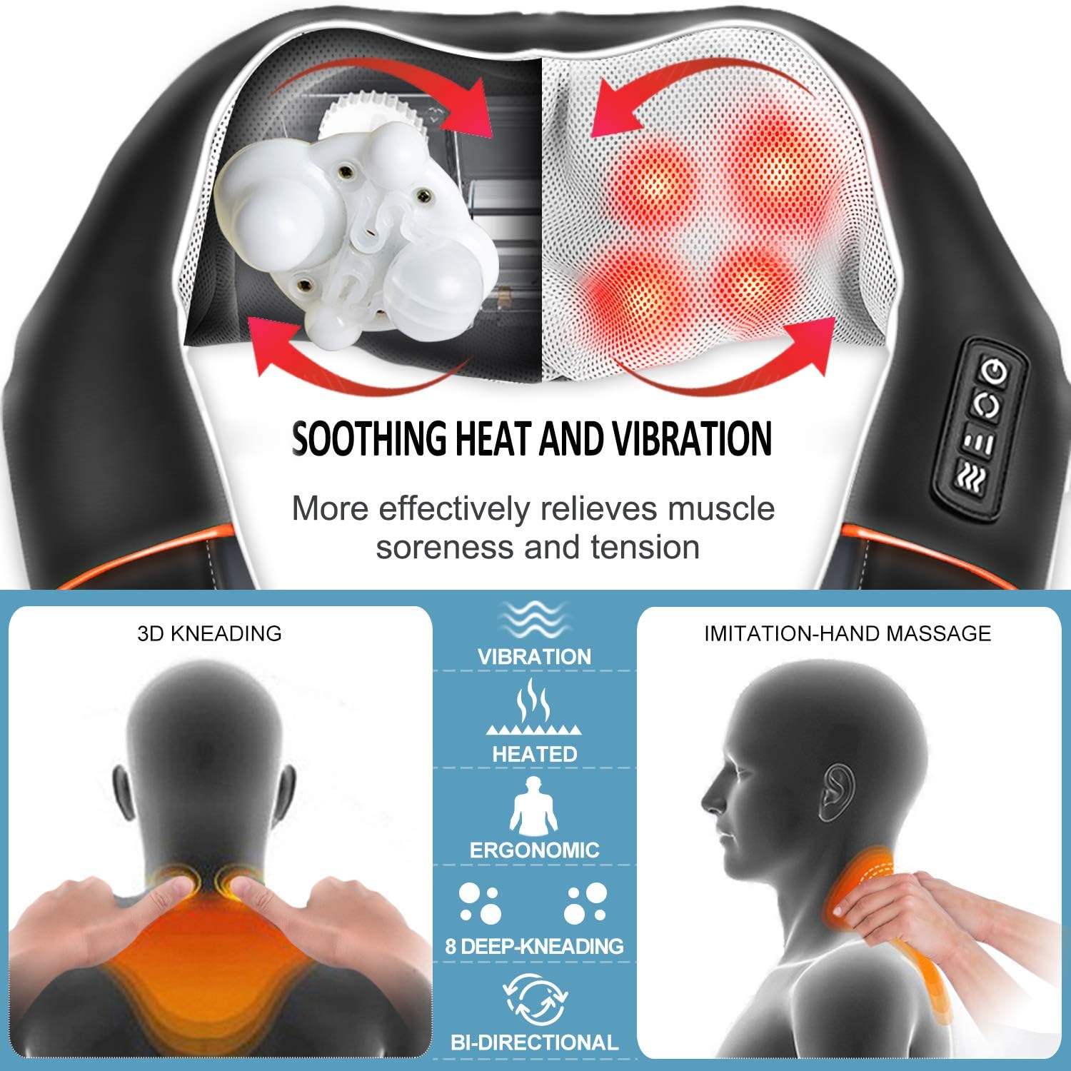 RENPHO Shiatsu Neck and Shoulder Back Massager with Heat, Electric Vibration Deep Tissue 3D Kneading Massage Pillow for Relief on Waist, Leg, Calf, Foot, Arm, Belly, Full Body, Muscles: Health & Personal Care