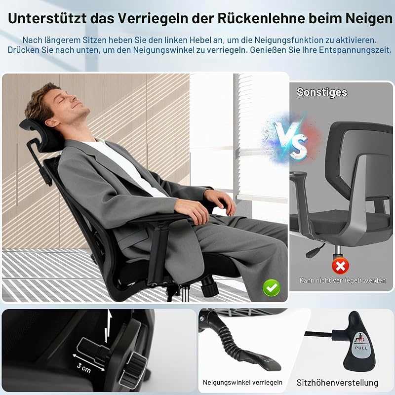 Bürostuhl Ergonomisch, Bürostuhl mit Lendenstütze Verstellbarer Kopfstütze und Armlehnen, 3-stufige Neigungsverriegelung, Rückenfreundlicher Schreibtischstuhl bis 150KG für Büro und Homeoffice