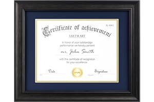 Yaetm 11x14 Diploma Frame, Certificate Frame with Tempered Glass, Display 8.5x11 Document with Blue Over Gold Acid-free Mat or 11 x 14 without Mat, Wide Molding (Single, Black/Blue)